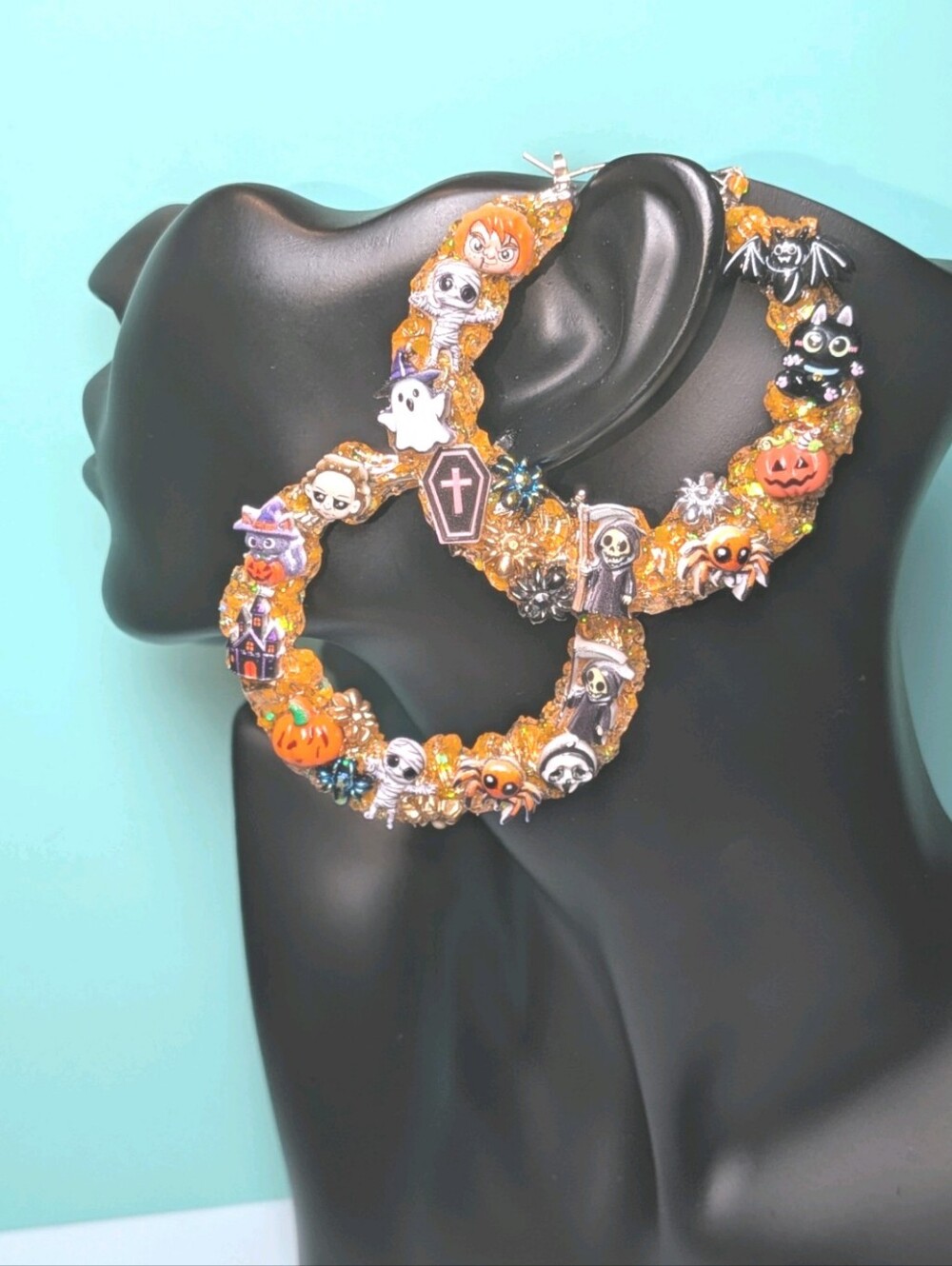 Hand Crafted Orange Halloween Charm Hoop Earrings with Black Accents